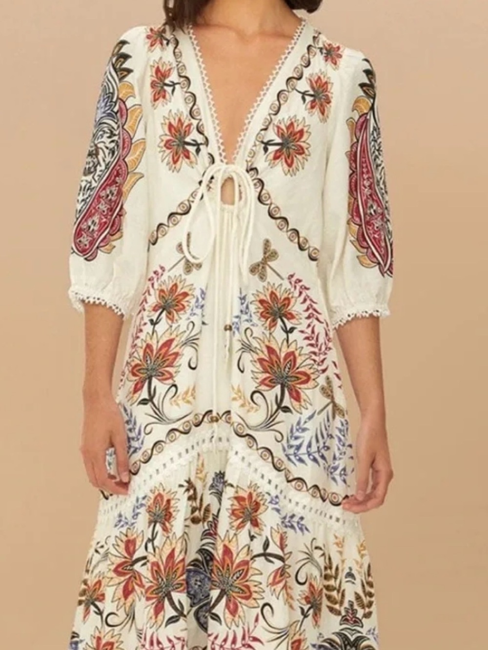 NWT FARM Rio White & Cream Embroidered Maxi Dress Plunge Neckline